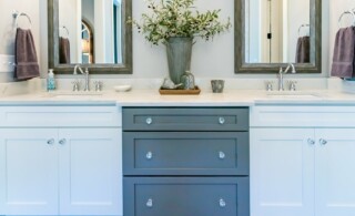 blue and white bathroom cabinets