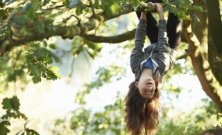 Young girl playing in tree, hanging upside down from branch