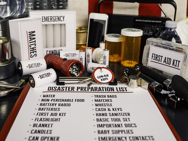 Disaster preparation kit. Items needed for disaster preparedness