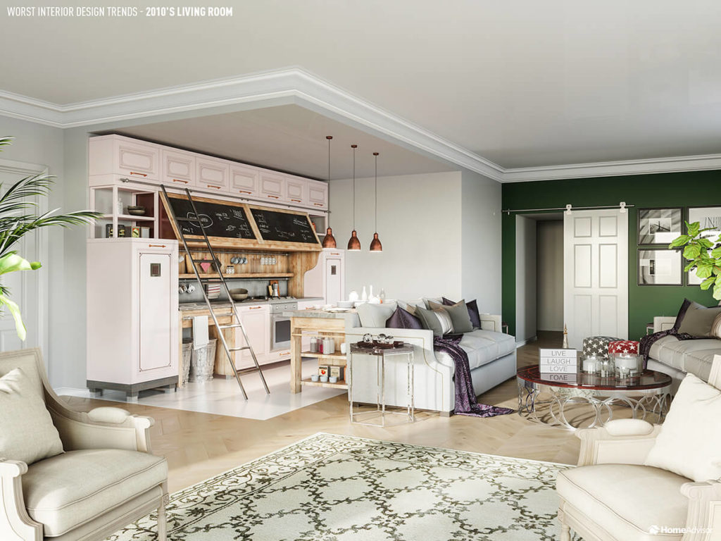 Worst Design Trends: impractical, industrial 2010's open floor living-room-kitchen