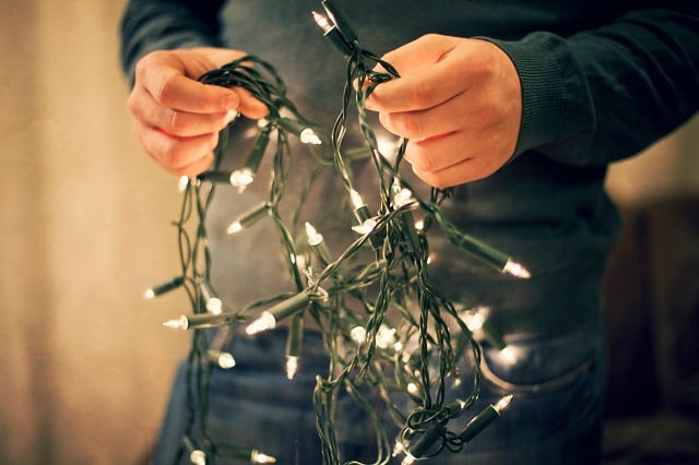 Man holding long strand of string lights with green wire and white bulbs