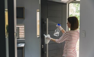 Woman cleaning front door