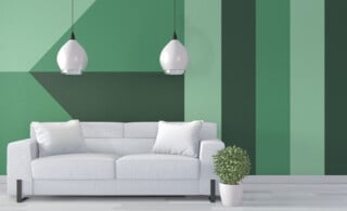 green geometric pattern on living room wall