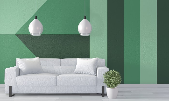 green geometric pattern on living room wall