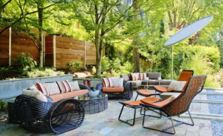Patio living room furniture with fabric and hard materials