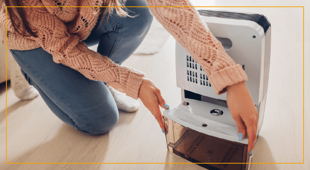 Woman changing water container of dehumidifier