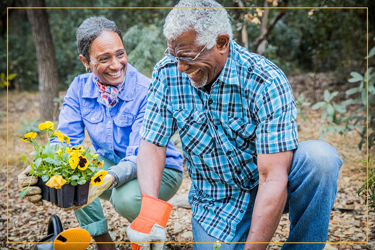 senior couple landscaping the yard