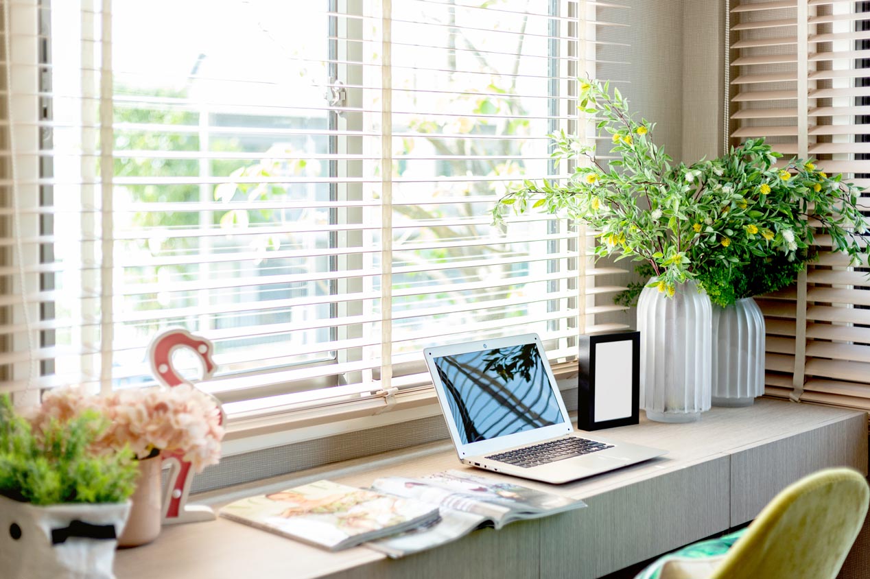 Desk with plants and laptop at home