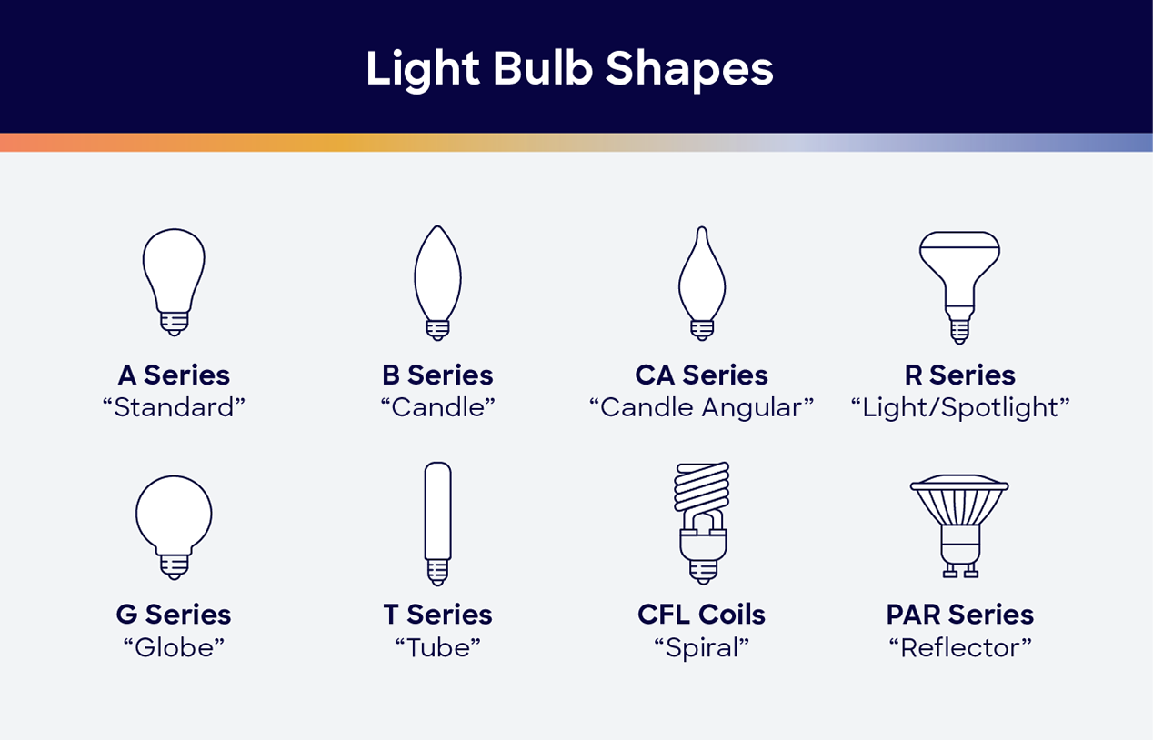 light bulb shapes graphic, from A Series Standard to PAR Series "Reflector"