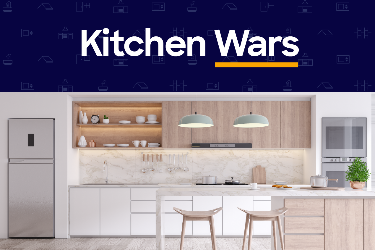 Wood and marble bright kitchen with Kitchen Wars header
