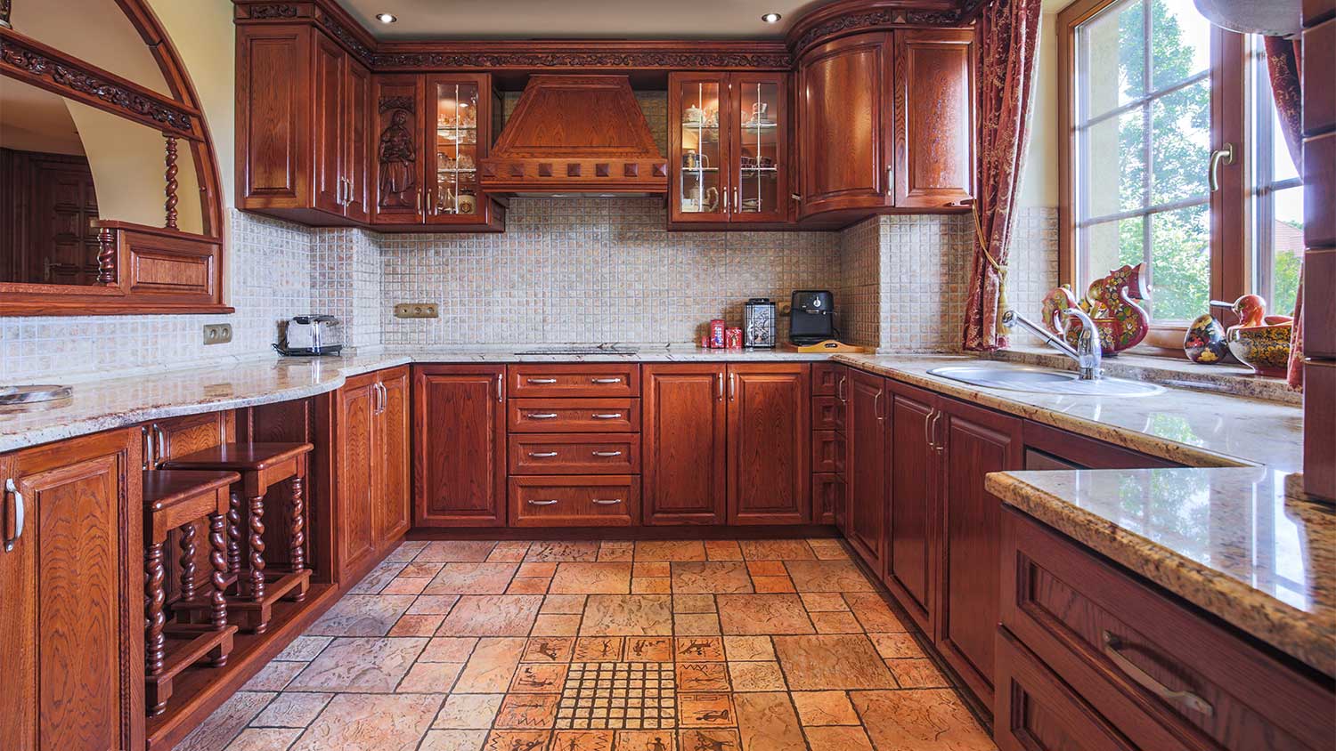 Big kitchen interior with traditional wooden cabinets