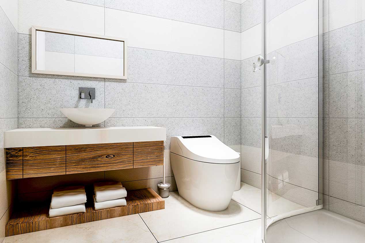 Smart toilet next to a bathroom vanity 