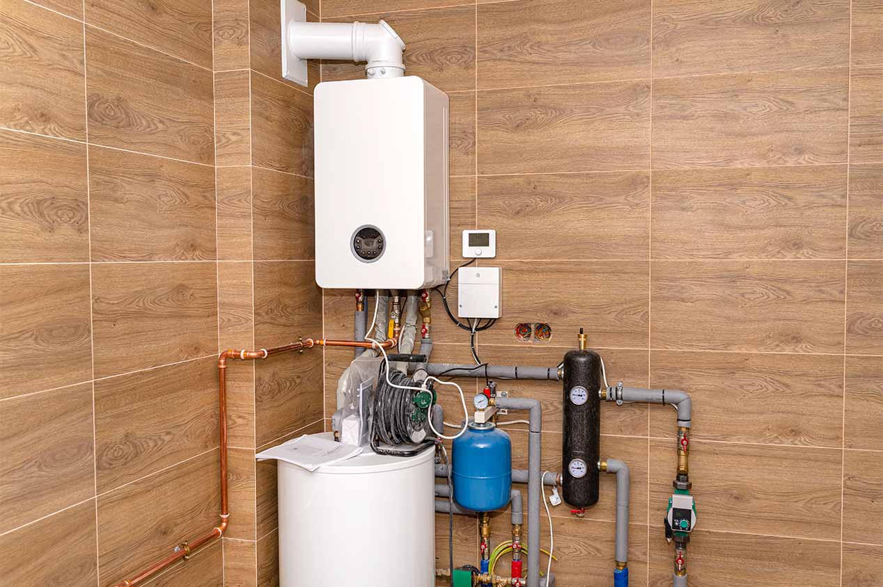 gas boiler in basement boiler room